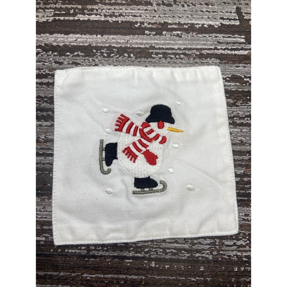 Crate and barrel Embroidered Holiday Skating Snowman Linen Coasters New Set Of 8